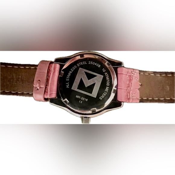 Michael Kors Pink Leather & Stainless Steel Silver Wrist Watch w/ Bling & Date - Picture 7 of 15